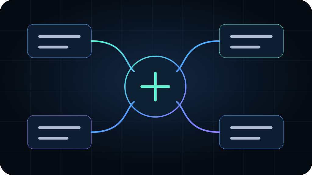 Map of connected business workflows linking leads, CRM, reporting and customer follow-up